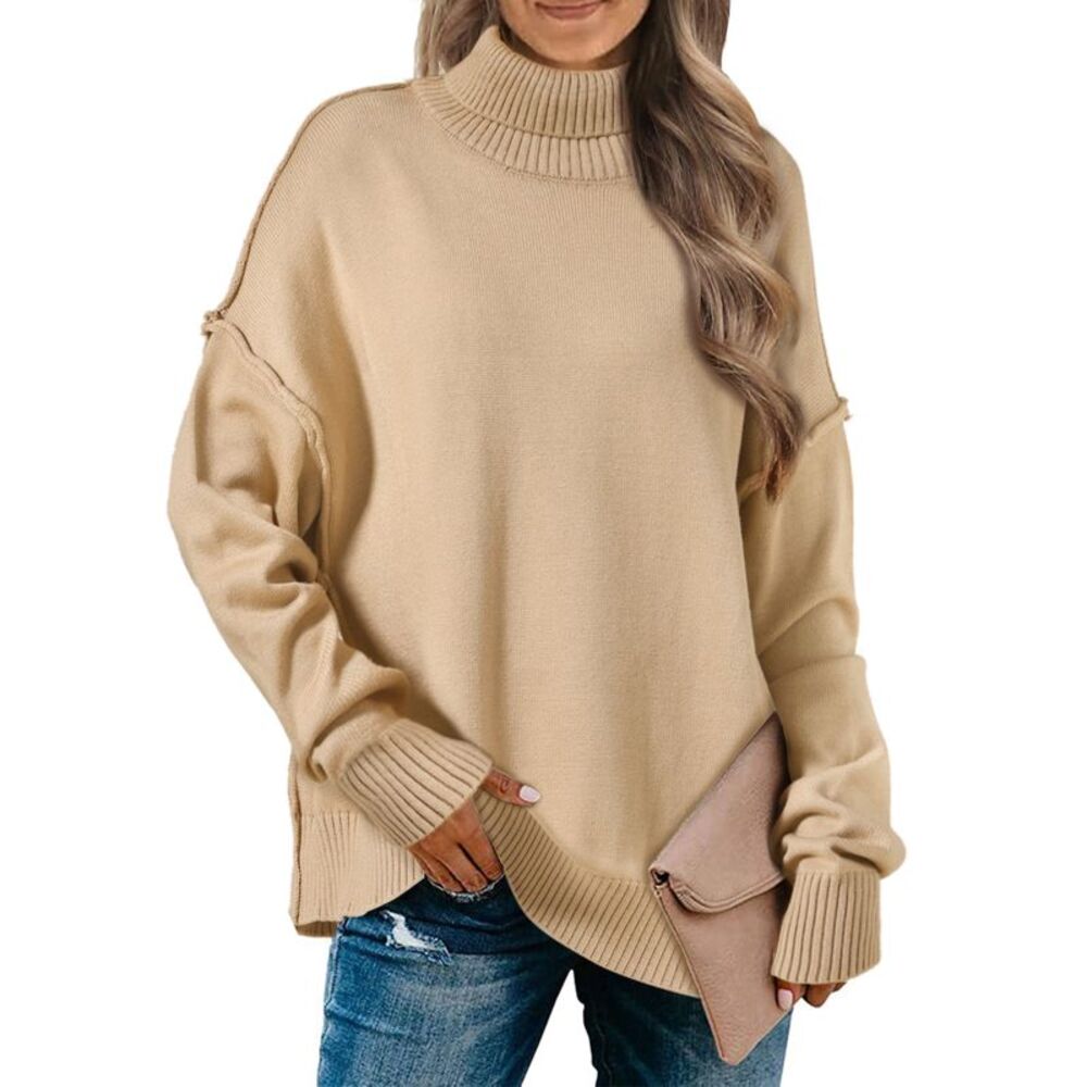 Women Oversized Mock Neck Long Sleeve Pullover Sweater Tops Khaki